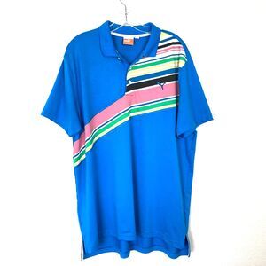 PUMA Polo Golf Shirt Striped Men's Size L Blue Stretch